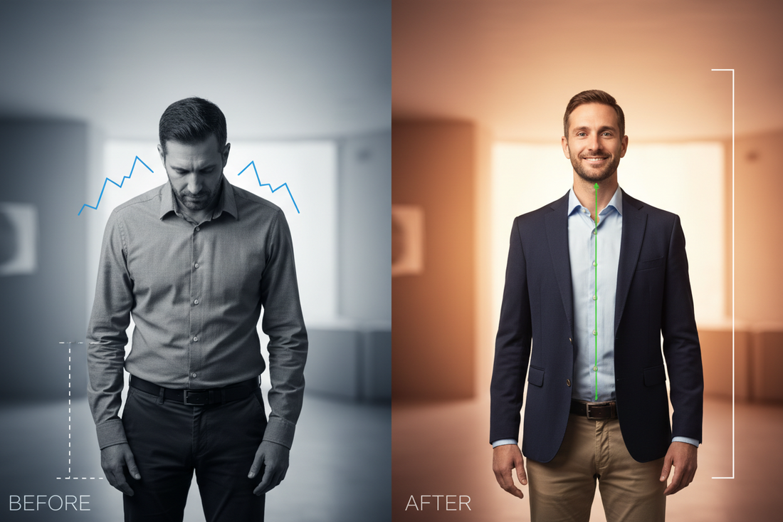 Man demonstrating improved height and posture transformation with ElevatedInserts and PostureBoost